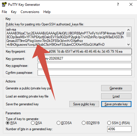 putty копируем открытый ключ