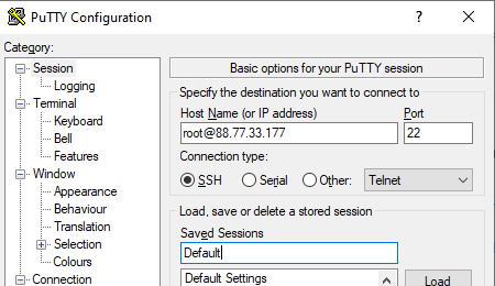 PuTTY подключение